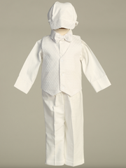 White formal baptism outfit with vest, shirt, pants, and hat on a gray background