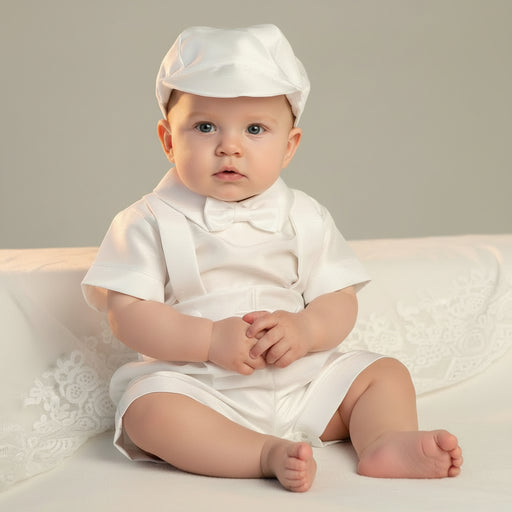 Baby in a white baptism outfit with a hat sitting on a light-colored surface