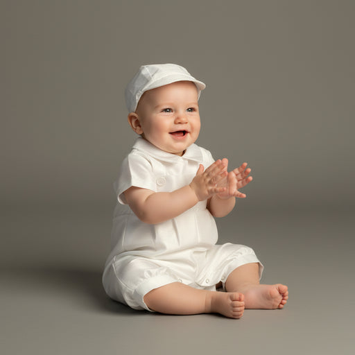Baby in a white baptismal romper and hat sitting on a beige surface