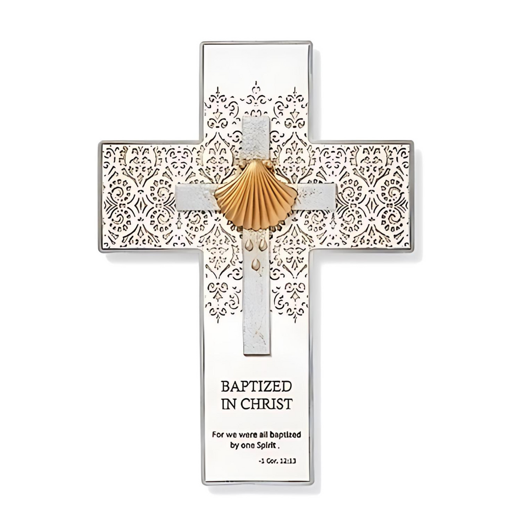 Baptism Wall Cross with Gold Shell 9"