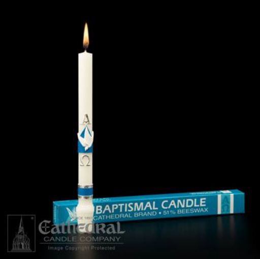 Baptismal candle with blue band and Cathedral Candle Company branding on a black background