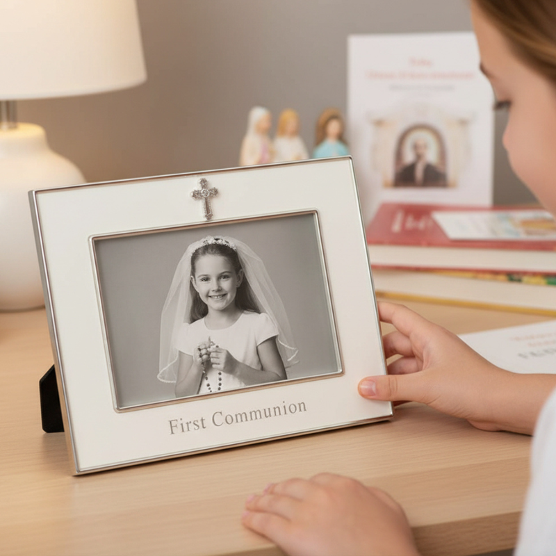 White First Communion picture frame for a 4x6 inch size photo sitting on a young girl's desk.