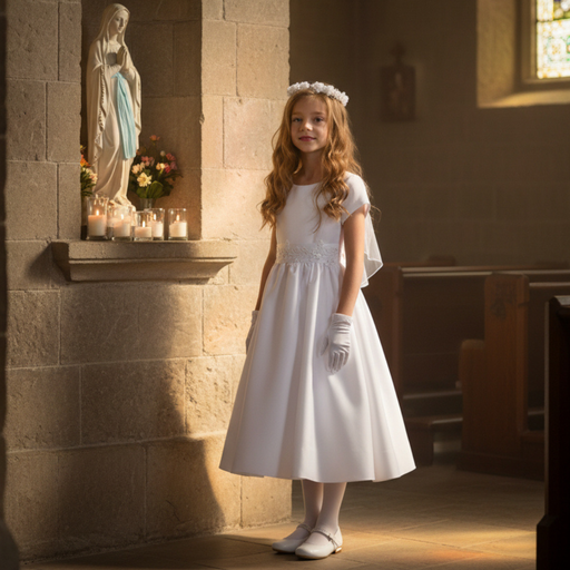 Young girl in a white First Communion dress standing in a church with a statue of Mary in the background.