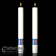 Benedictine complementing altar candle with blue band and red fish design