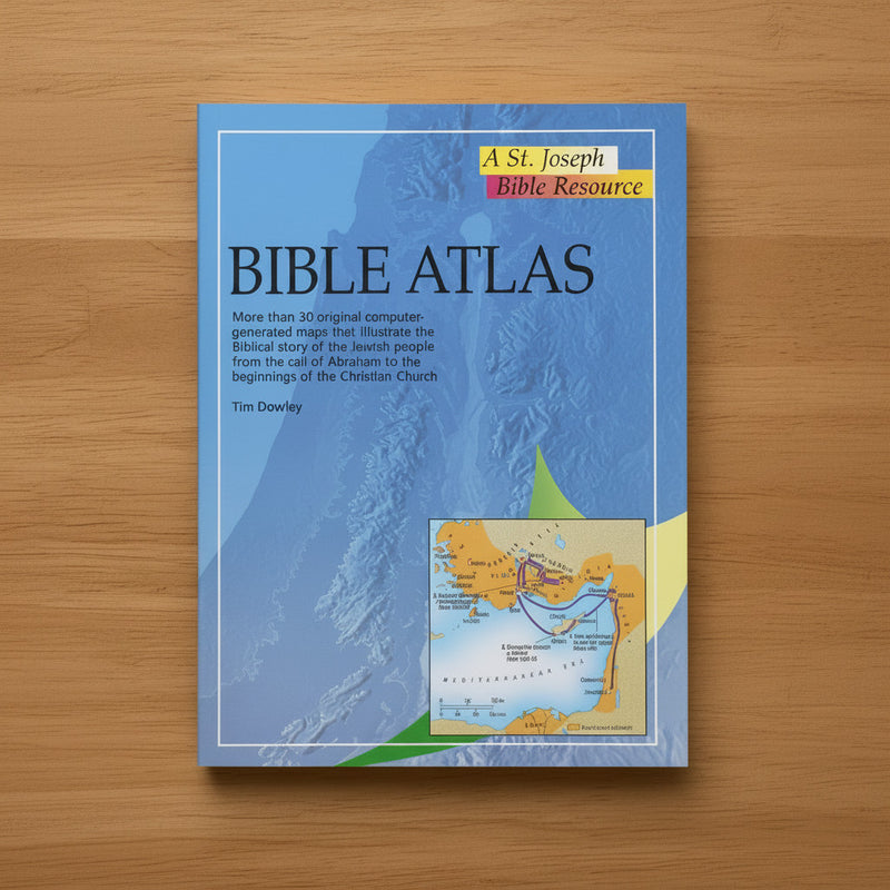 Bible Atlas book on a wooden surface