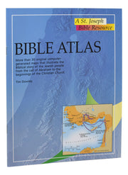 Book cover of 'Bible Atlas' by Tim Dowley with a map illustration on a blue background