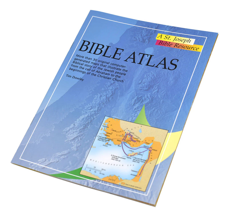 Bible Atlas book cover with map illustration on a white background