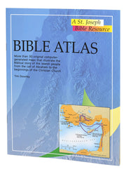 Book cover of 'Bible Atlas' by Tim Dowley with a map illustration on a blue background