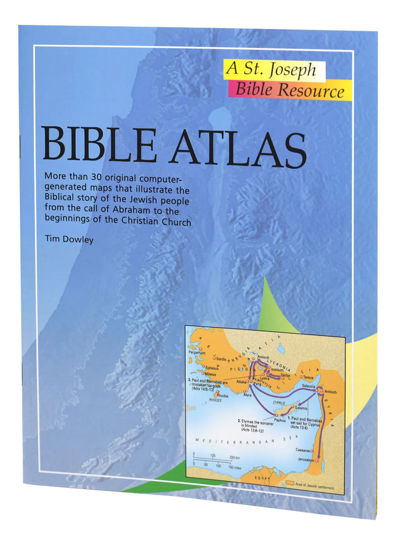 Book cover of 'Bible Atlas' by Tim Dowley with a map illustration on a blue background