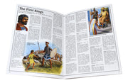 Open book with illustrations and text on historical figures and events