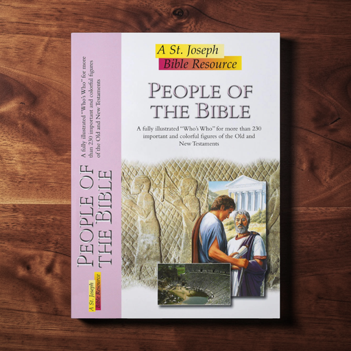 Book titled 'People of the Bible' by St. Joseph Bible Resource on a wood background