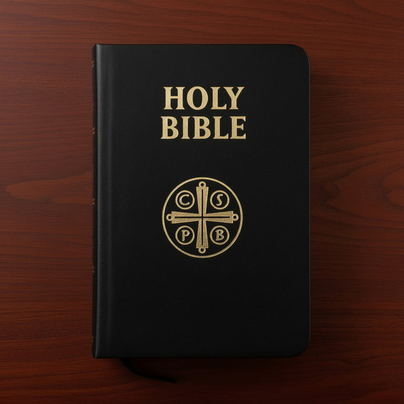 Black Bible with gold text and logo on a wooden surface