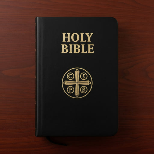 Black Bible with gold text and logo on a wooden surface
