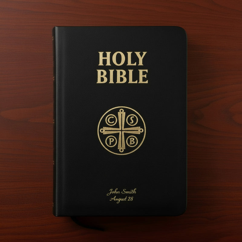 Black Bible with gold text and design on a wooden surface