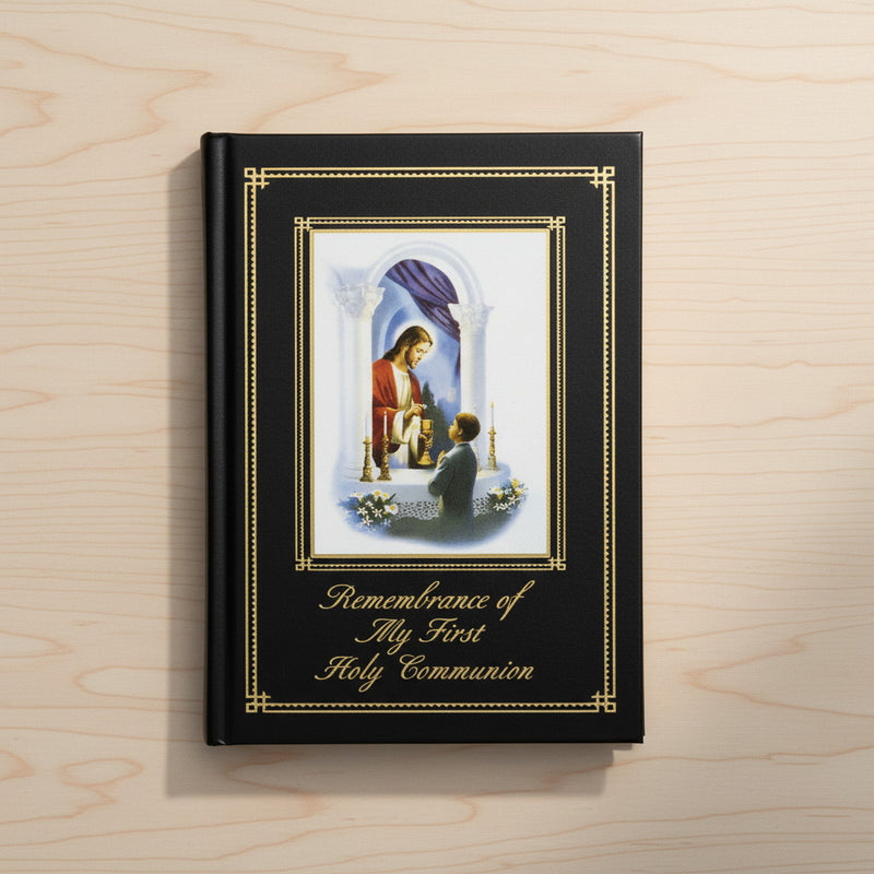 Book titled 'Remembrance of My First Holy Communion' with a religious illustration on a wooden surface