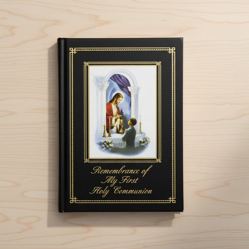 Book titled 'Remembrance of My First Holy Communion' with a religious illustration on a wooden surface
