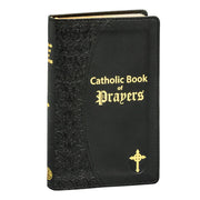 Black Catholic Book of Prayers with gold text and design on a white background
