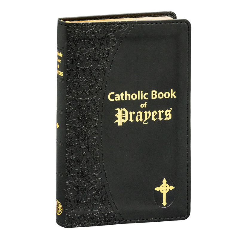 Black Catholic Book of Prayers with gold text and design on a white background