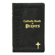 Black Catholic Book of Prayers with gold text and cross on a white background