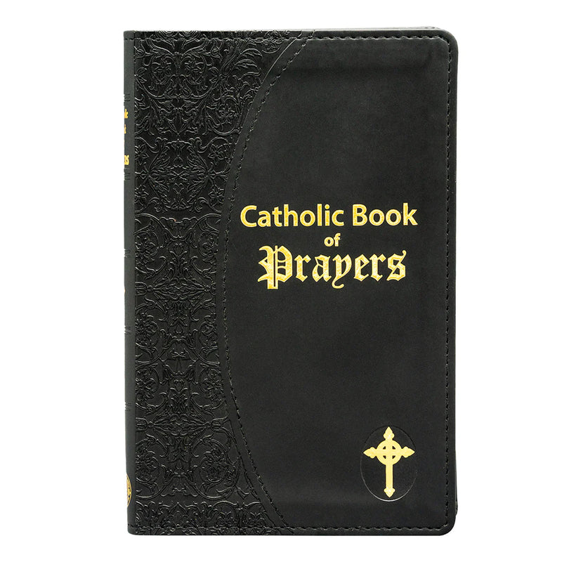 Black Catholic Book of Prayers with gold text and cross on a white background