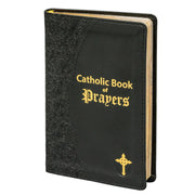 Black leather-bound book titled 'Catholic Book of Prayers' with gold text and cross emblem on a white background