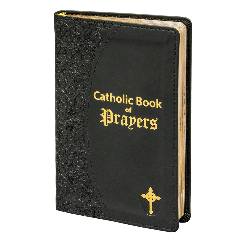 Black leather-bound book titled 'Catholic Book of Prayers' with gold text and cross emblem on a white background