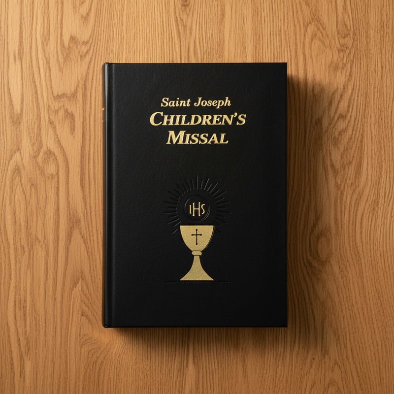 Black Saint Joseph Children's Missal with gold lettering on a wooden surface