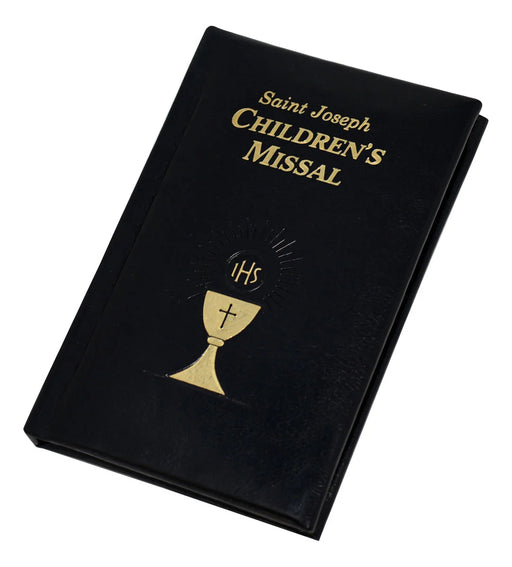 Black children's missal with gold text and design on a white background