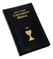 Black Children's Missal with gold text and symbol on a white background