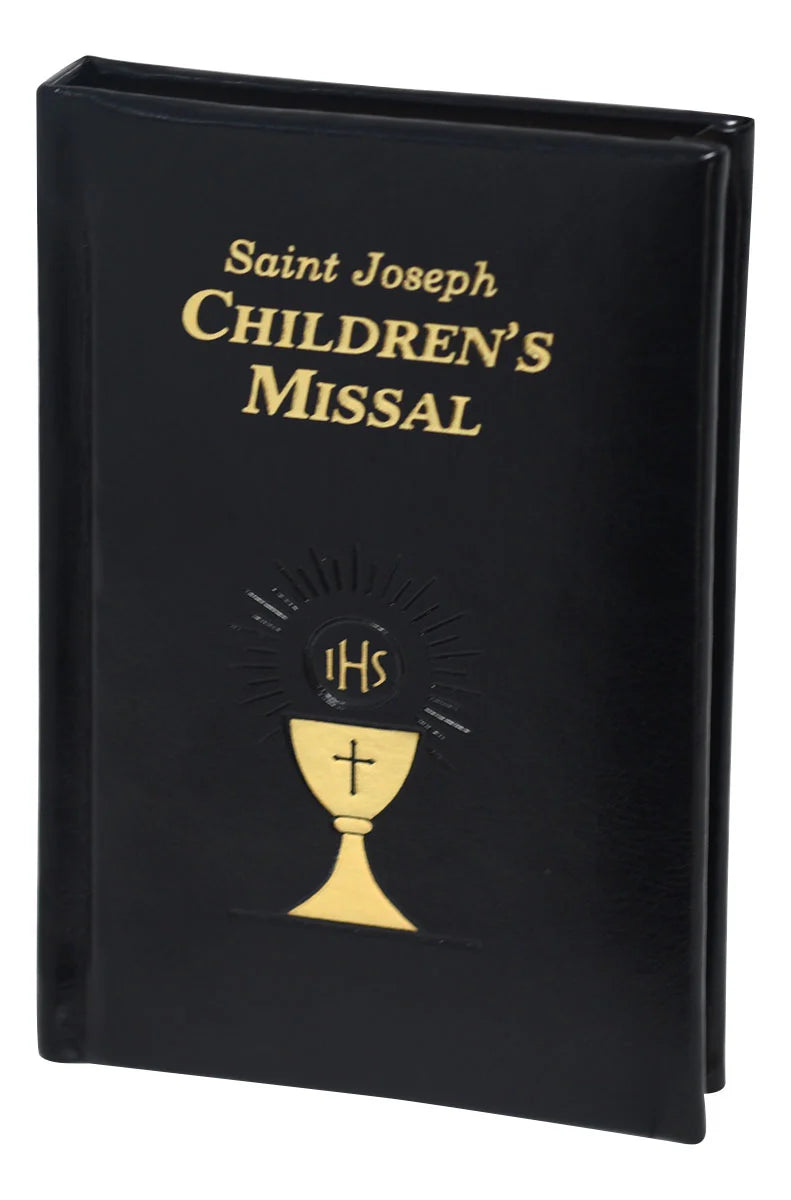 Black children's missal with gold text and design on a white background