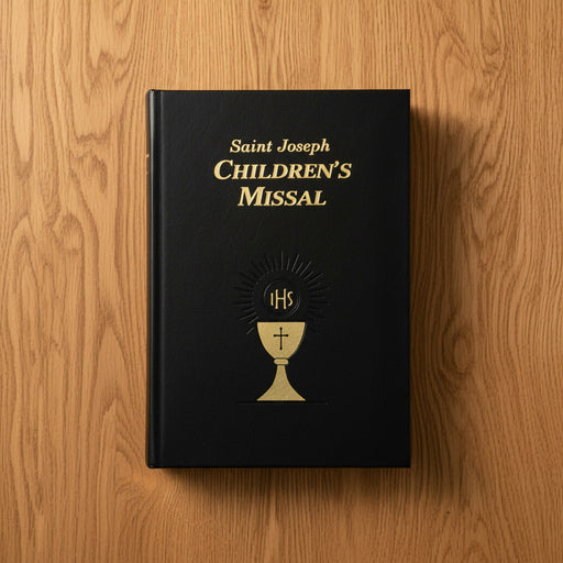 Black Saint Joseph Children's Missal with gold lettering on a wooden surface