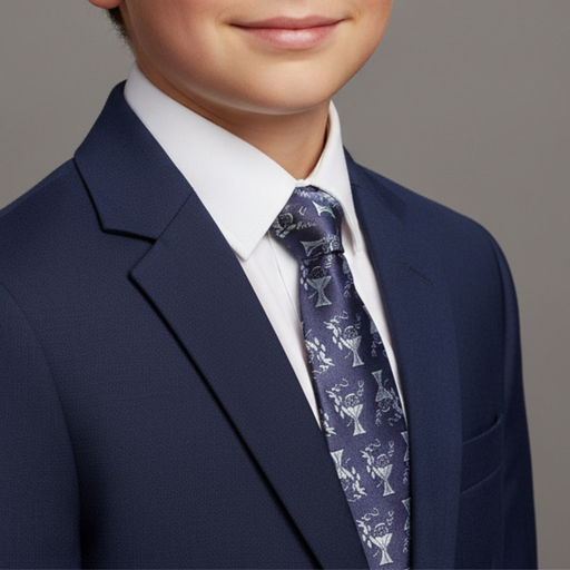 Child wearing a navy suit with a patterned tie against a gray background