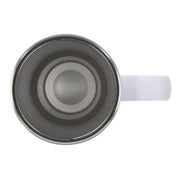 Gray insulated mug with a white handle on a white background