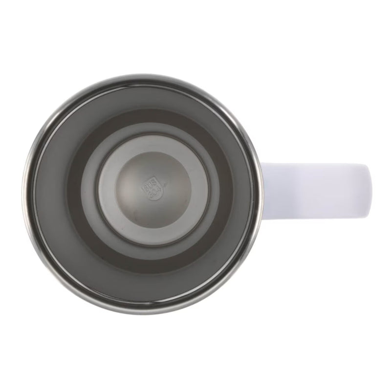 Gray insulated mug with a white handle on a white background