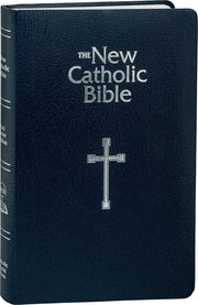 Dark blue leather-bound Bible with silver cross and 'The New Catholic Bible' text.