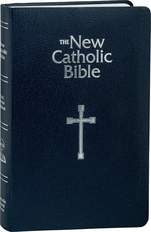 Dark blue leather-bound Bible with silver cross and 'The New Catholic Bible' text.