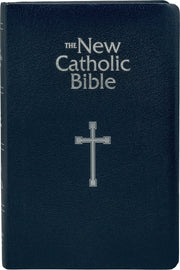 Navy blue Bible cover with 'The New Catholic Bible' text and cross symbol on a white background