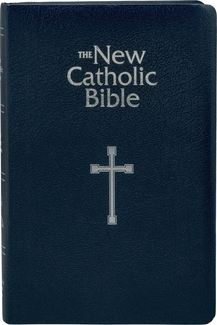Navy blue Bible cover with 'The New Catholic Bible' text and cross symbol on a white background