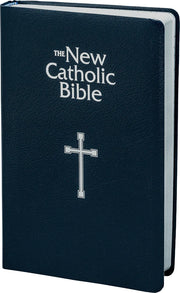 Blue Bible with 'The New Catholic Bible' text and cross symbol on a white background