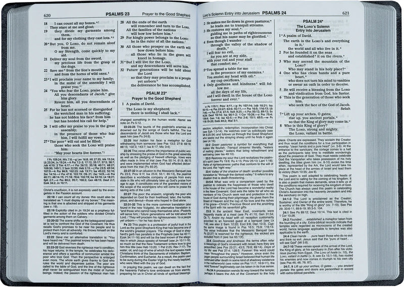 Open Bible showing Psalms 23 and 24 with a black cover