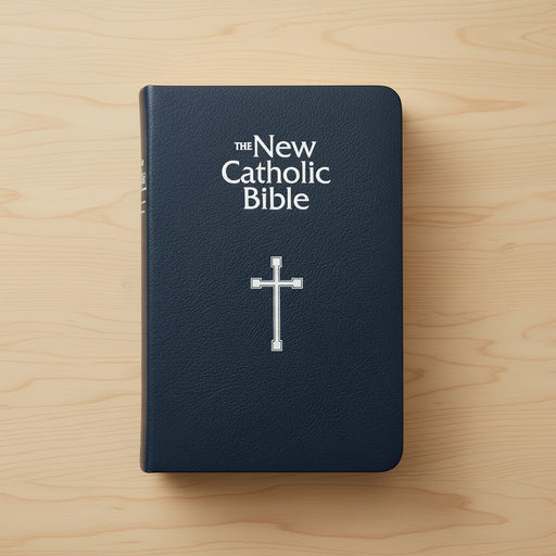 New Catholic Bible with a cross on a wooden surface