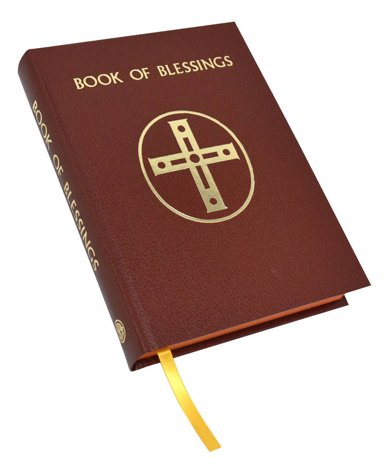 Brown book titled 'Book of Blessings' with a gold cross symbol on a white background