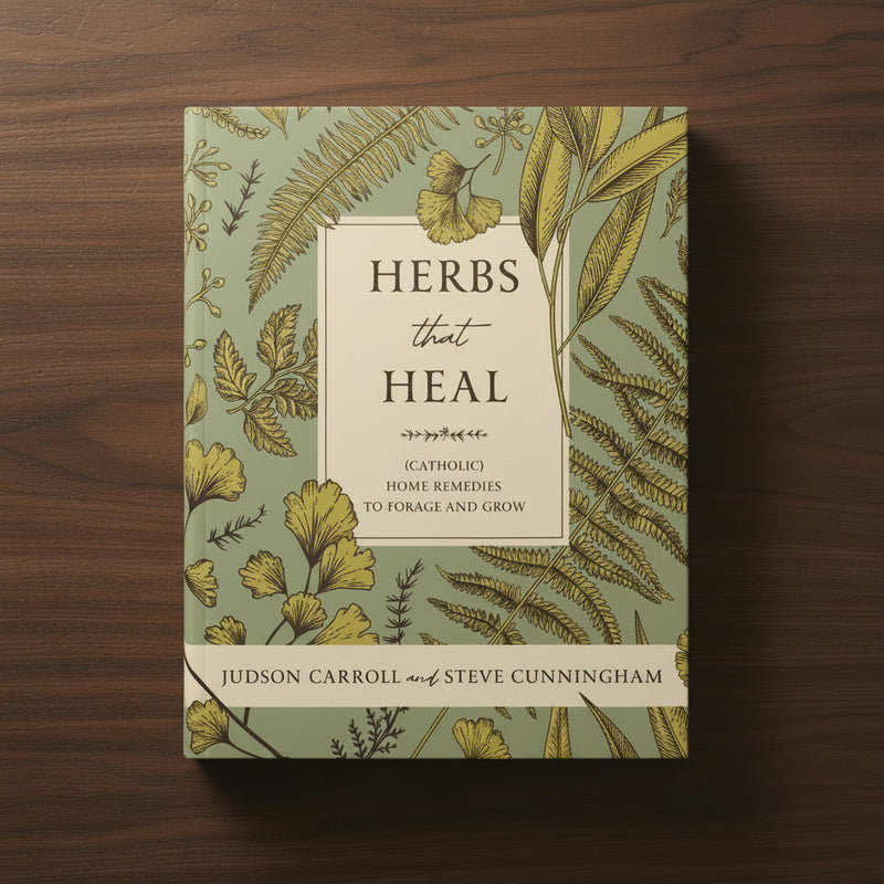 Book cover of 'Herbs that Heal' with botanical illustrations on a wooden surface