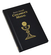 Black book titled 'Saint Joseph Children's Missal' with gold text and design on a white background