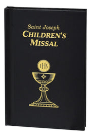 Black children's missal with gold text and design on a white background
