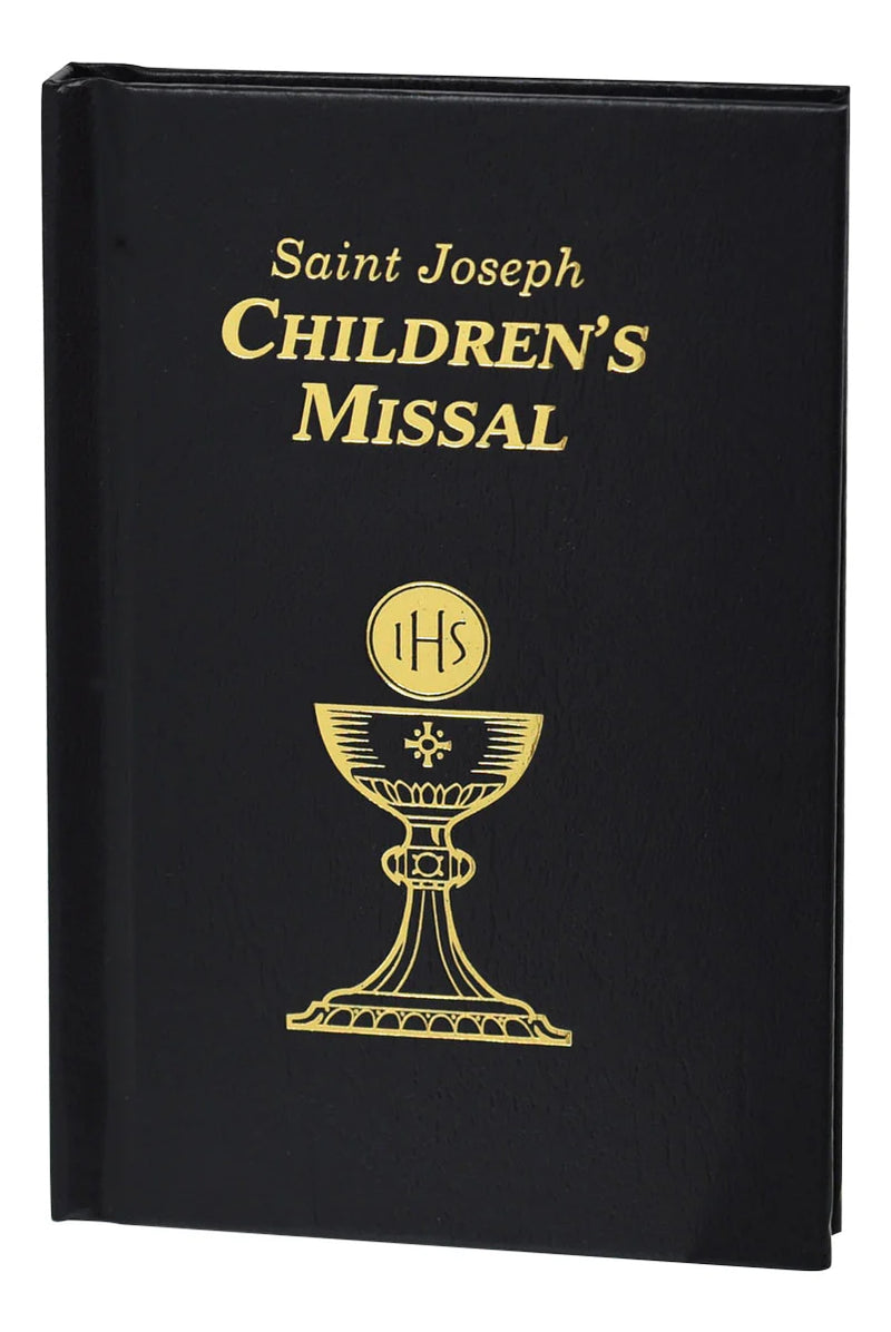 Black children's missal with gold text and design on a white background