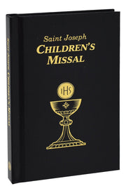 Black book titled 'Saint Joseph Children's Missal' with gold text and design on a white background