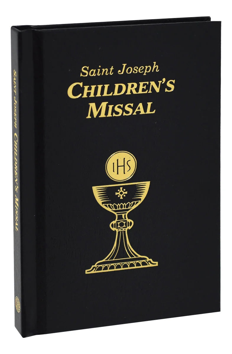 Black book titled 'Saint Joseph Children's Missal' with gold text and design on a white background