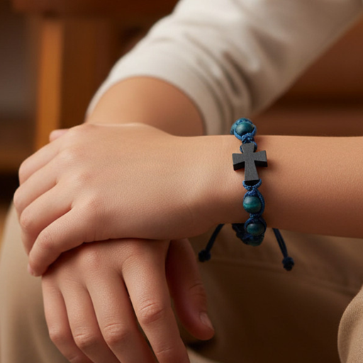 A blue, wooden cross bracelet on a boy's wrist