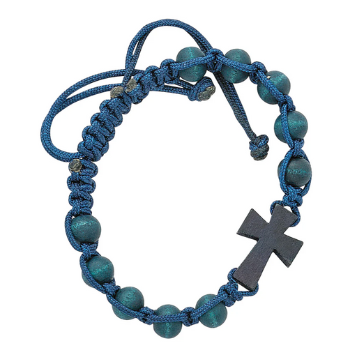 Blue beaded bracelet with a black cross on a white background